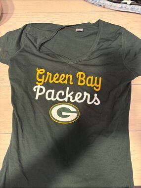 Green Bay Packers Women's V-Neck Tee - Dark Green with Yellow & White Logo
